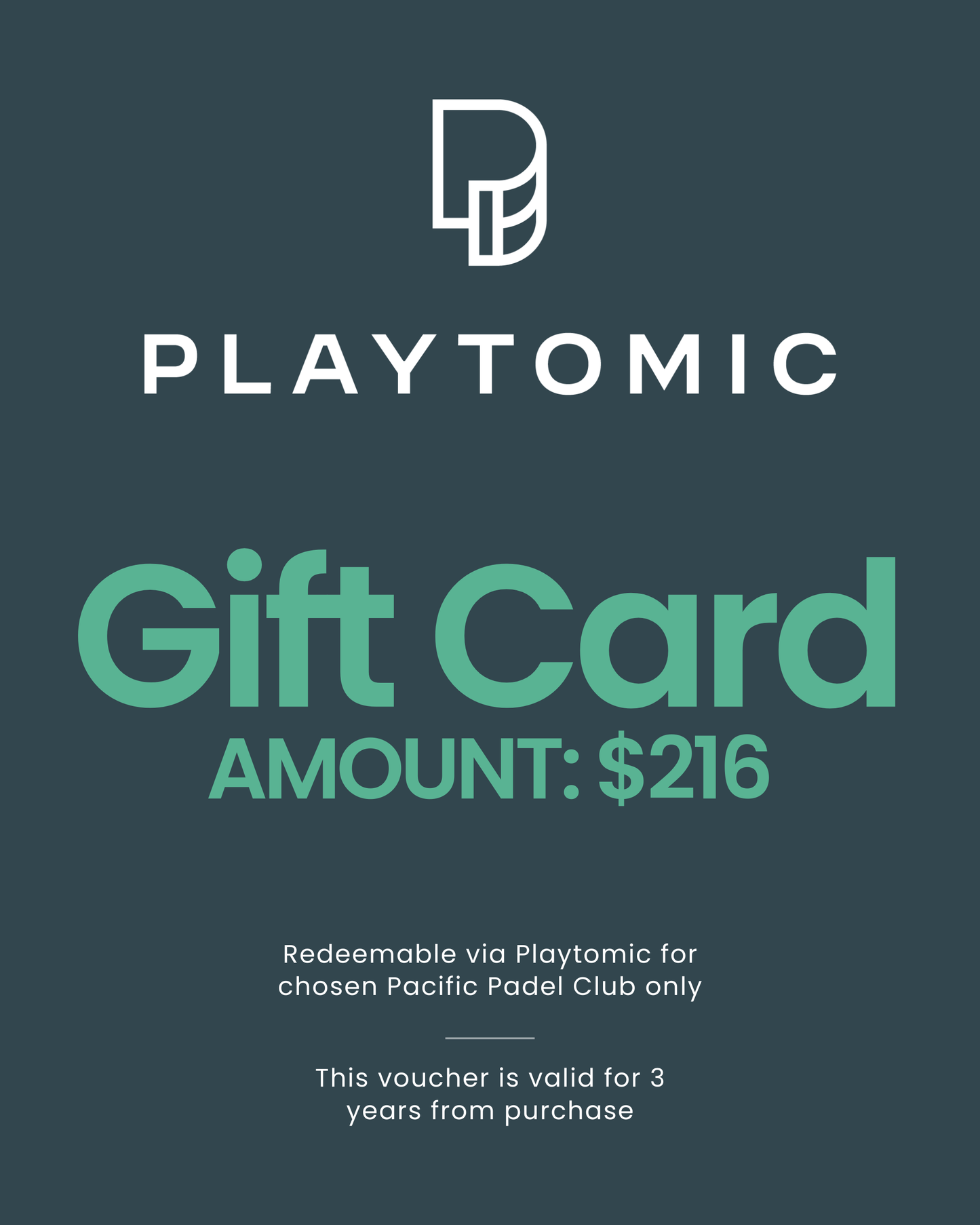 Playtomic gift card with amount $216 on a dark background