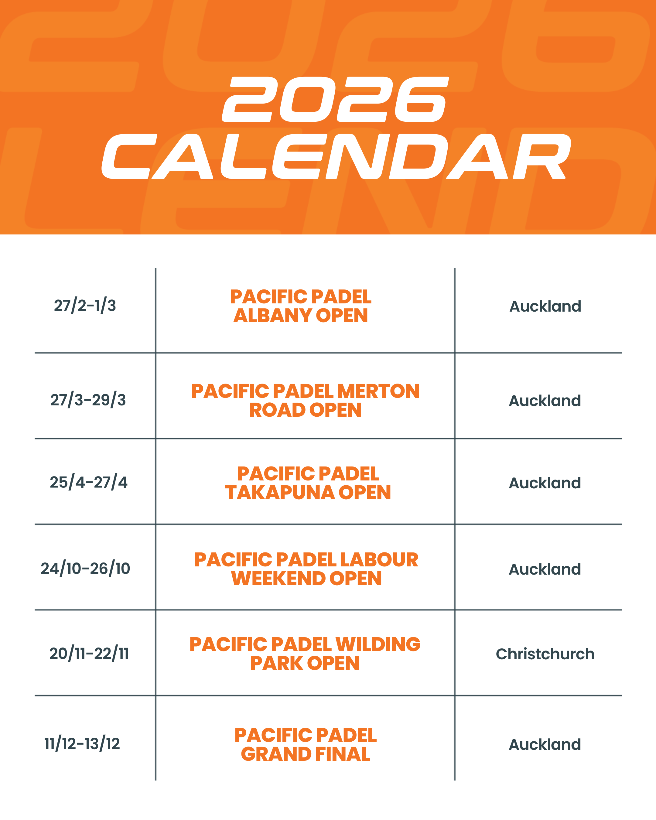 2026 calendar with Pacific Padel events listed on an orange and white background