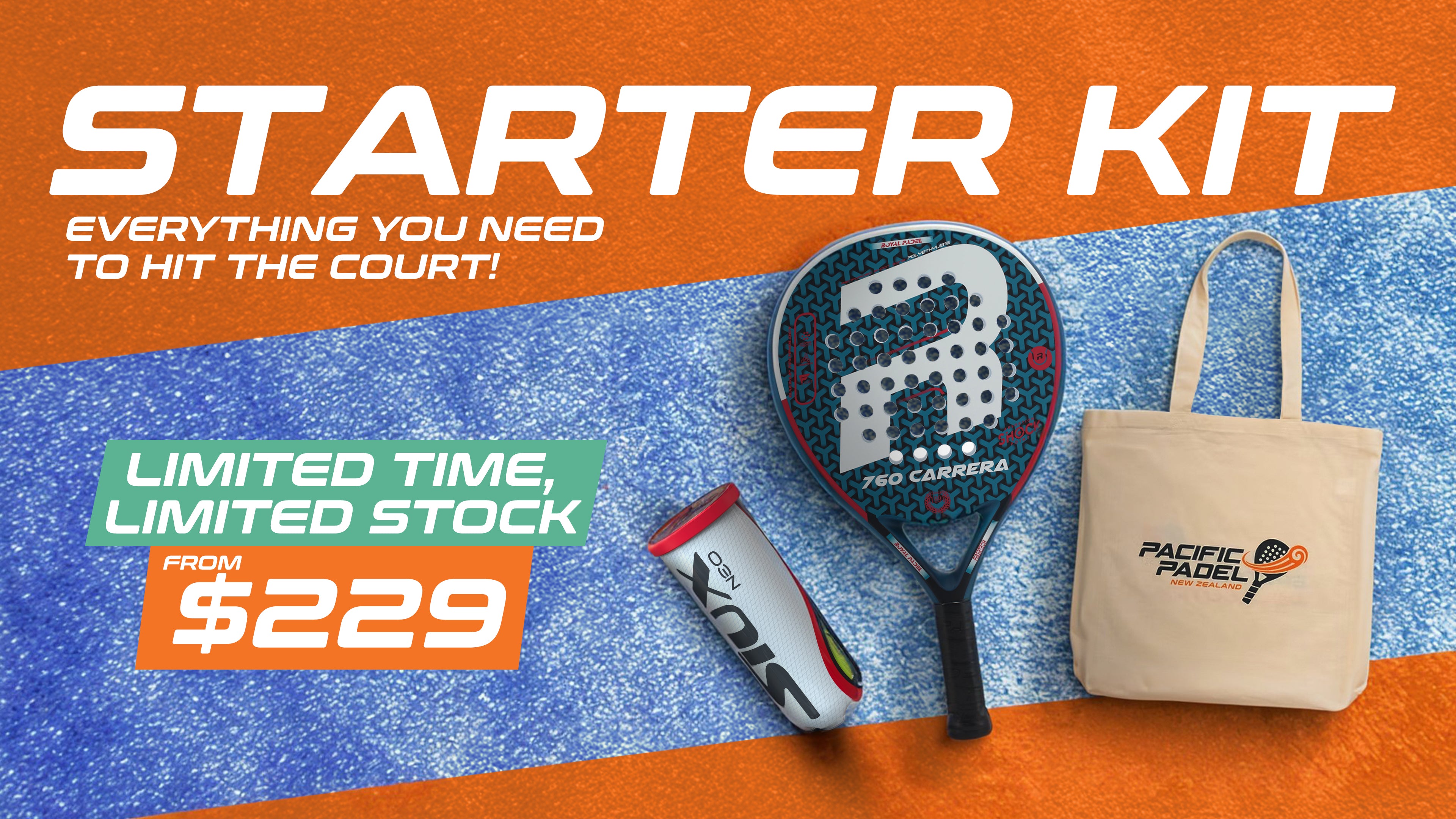 Paddle tennis racket and bag with promotional text on a blue and orange background